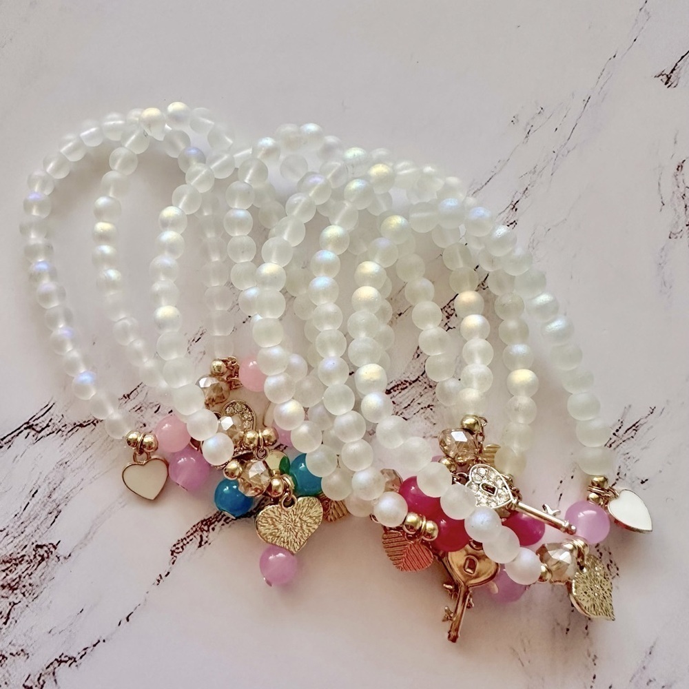 Chic 5 Pcs White Glass Good Luck Charm Beaded Bracelet Set Brand New